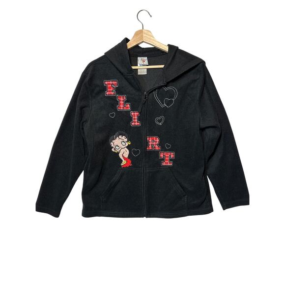 Betty Boop Flirt Black Fleece Hoodie Zip Up Sweatshirt Y2K Cartoon Women's Sz L - Picture 1 of 8